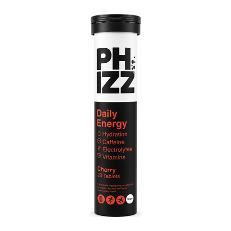 Phizz 3-in-1 Hydration Electrolytes Vitamins - Cherry Caffeine Boost by Phizz Vitamin & Mineral Supplements — front view showing product label and branding, studio product photo on white background