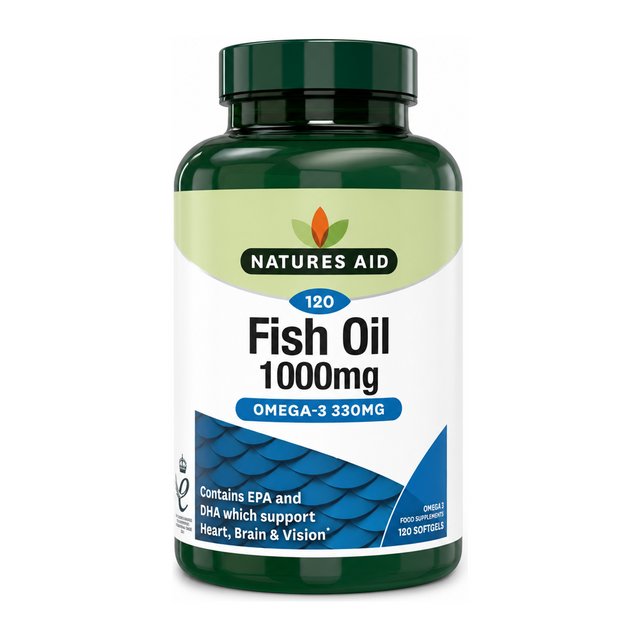 Natures Aid Fish Oil 1000mg (Omega-3 Rich) - 90 + 33% EXTRA FILL by Natures Aid Natural Remedies — front view showing product label and branding, studio product photo on white background