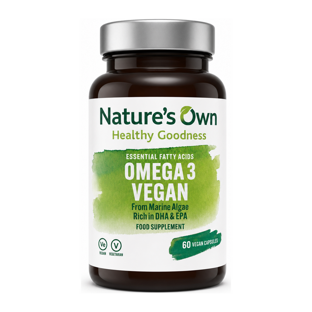 Natures Own Omega 3 Vegan Capsules by Nature's Own Natural Remedies — front view showing product label and branding, studio product photo on white background