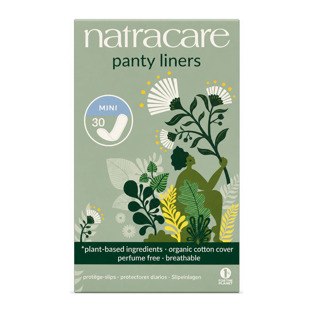 Natracare Mini Pantyliners x 30 by Natracare Natural Beauty — front view showing product label and branding, studio product photo on white background