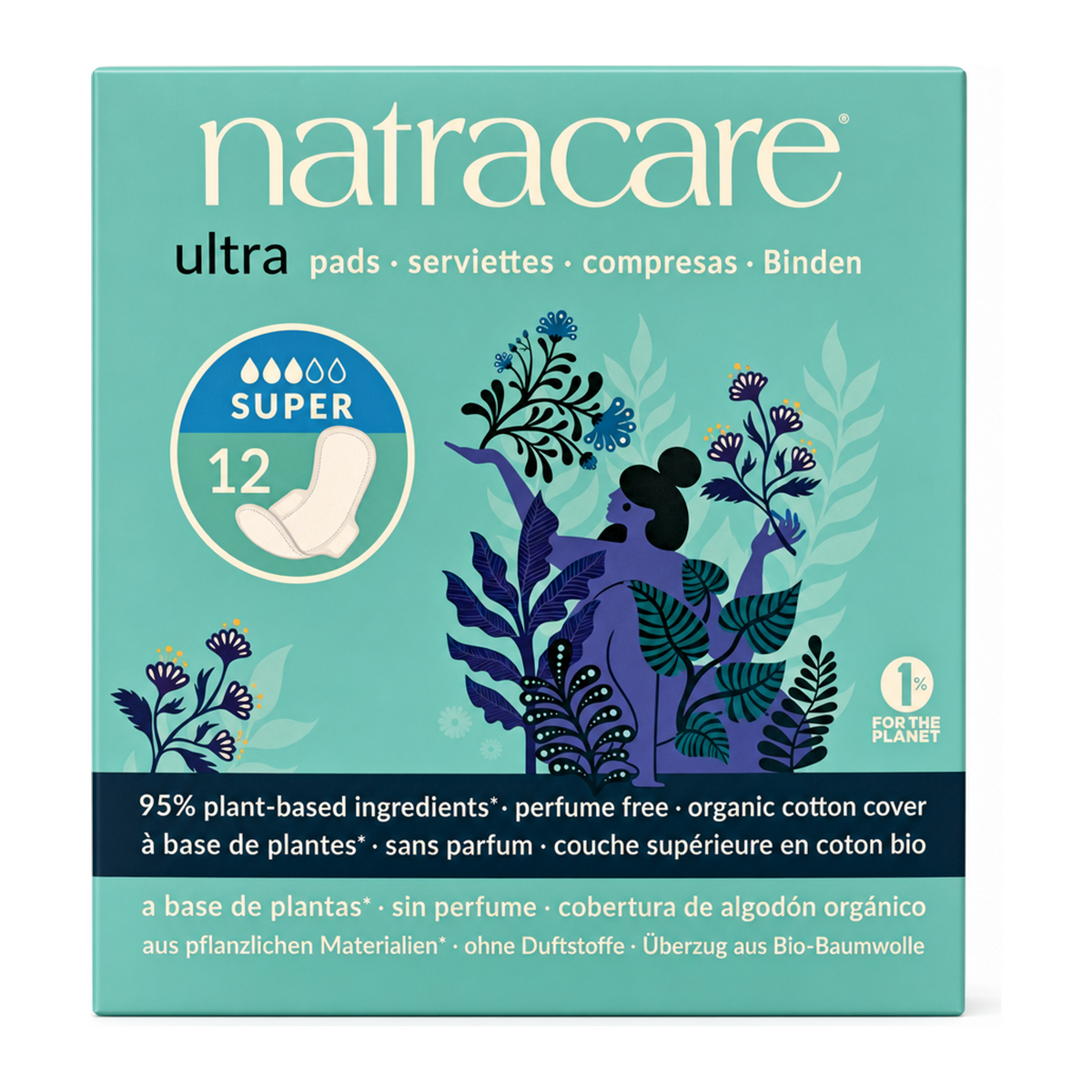 Natracare Natural Ultra Pads Super with wings x 12 by Natracare Natural Beauty — front view showing product label and branding, studio product photo on white background