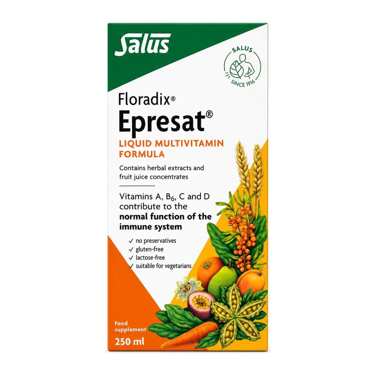 Floradix Epresat Liquid Multivitamin Formula by Salus Natural Remedies — front view showing product label and branding, studio product photo on white background