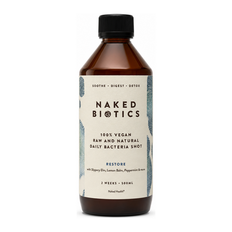 Naked Biotics Restore by Naked Biotics Natural Remedies — front view showing product label and branding, studio product photo on white background