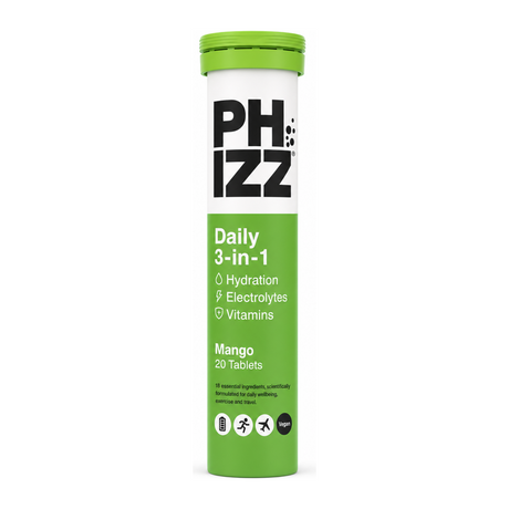 Phizz 3in1 Hydration Electrolytes Vitamins - Mango - 20 Tabs by Phizz Vitamin & Mineral Supplements — front view showing product label and branding, studio product photo on white background