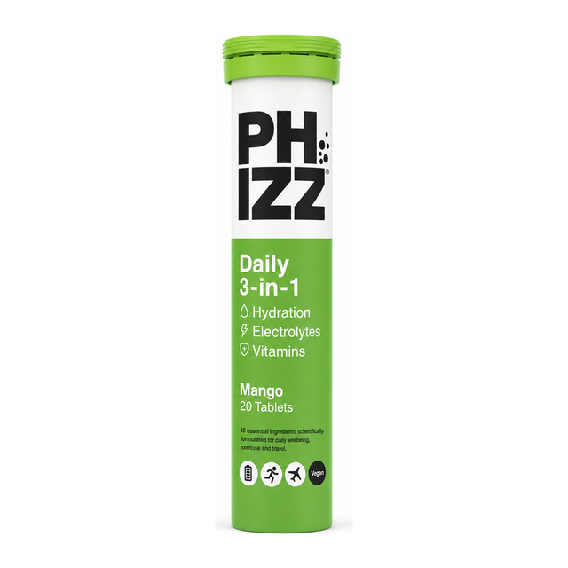 Phizz 3in1 Hydration Electrolytes Vitamins - Mango - 20 Tabs by Phizz Vitamin & Mineral Supplements — front view showing product label and branding, studio product photo on white background