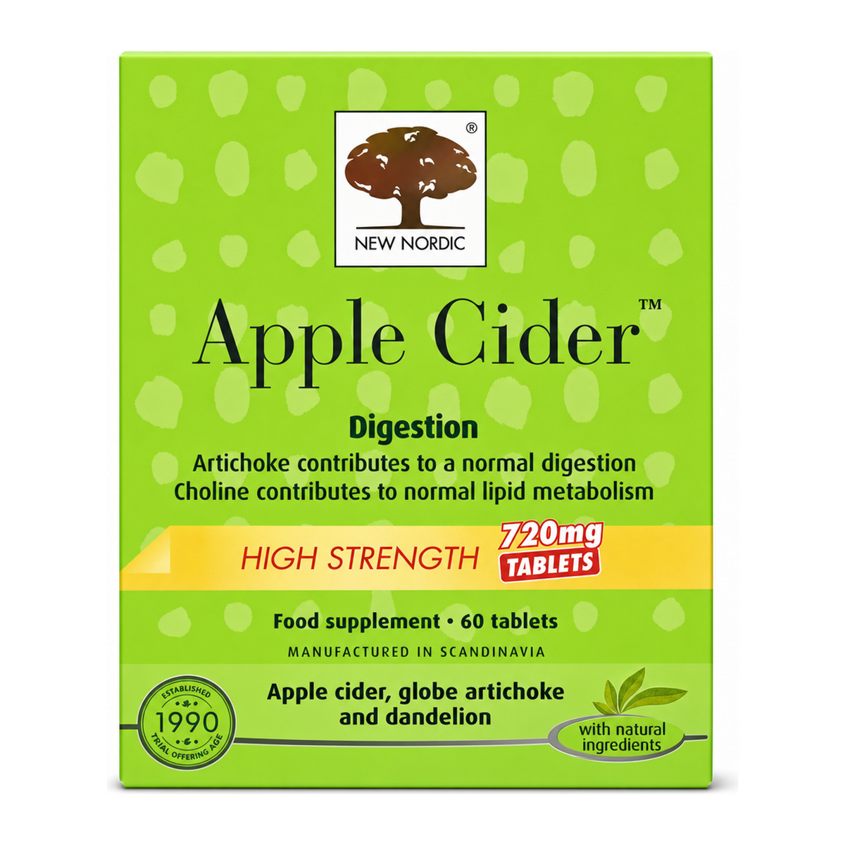 New Nordic Apple Cider High Strength 60 tablets by New Nordic Natural Remedies — front view showing product label and branding, studio product photo on white background