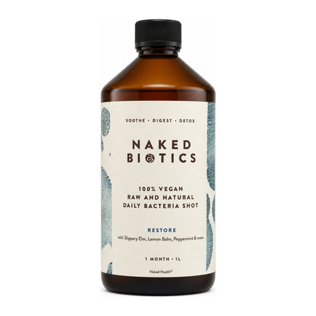 Naked Biotics Restore by Naked Biotics Natural Remedies — front view showing product label and branding, studio product photo on white background