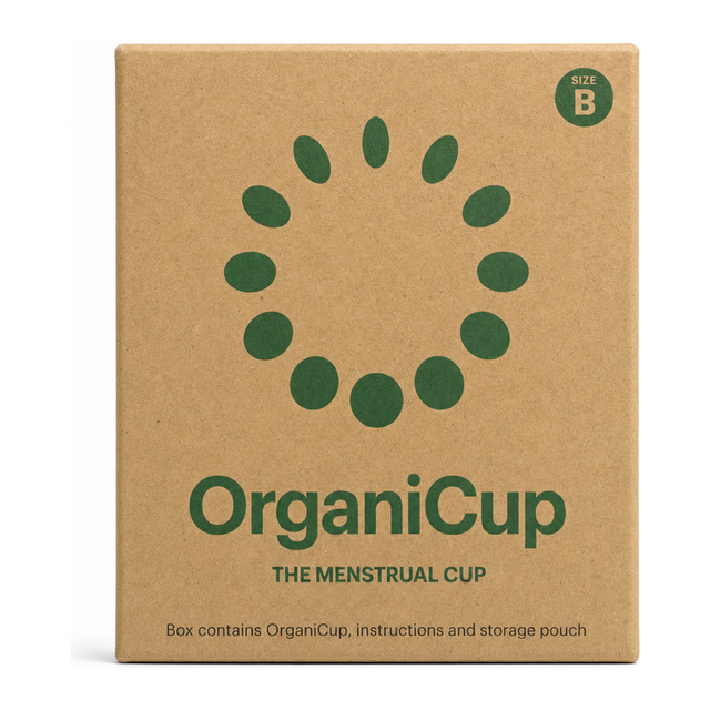 AllMatters Menstrual Cup Size B by OrganiCup Lifestyle — front view showing product label and branding, studio product photo on white background