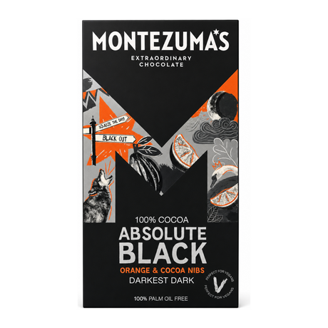 Montezumas Chocolate Absolute Black 100% Cocoa with Coco Nibs and Orange by Montezuma's Food & Drinks — front view showing product label and branding, studio product photo on white background