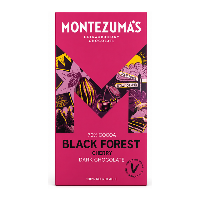 Montezuma's Black Forest Dark Chocolate with Cherry by Montezuma's Food & Drinks — front view showing product label and branding, studio product photo on white background