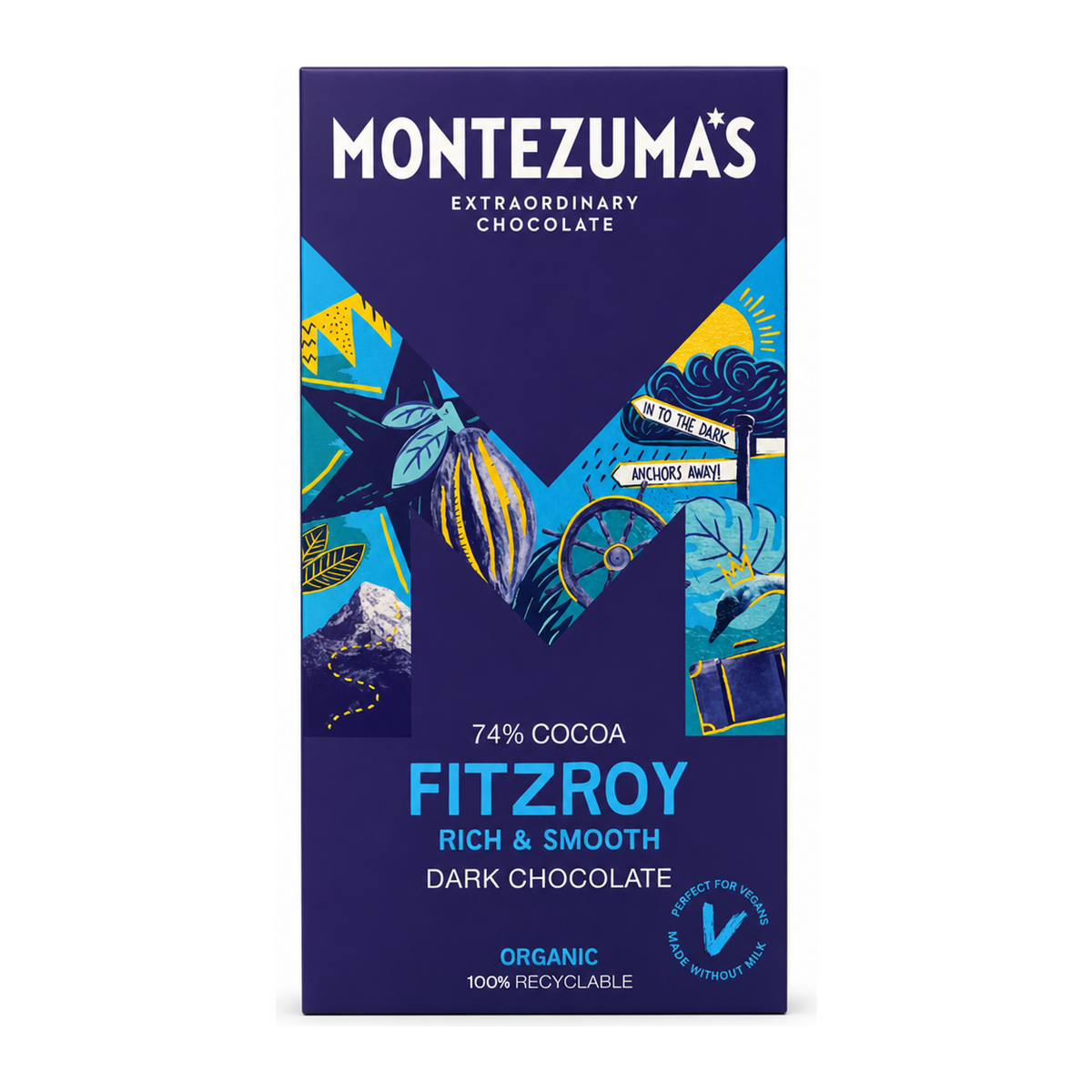 Montezumas Chocolate FitzRoy 74% Dark Organic by Montezuma's Food & Drinks — front view showing product label and branding, studio product photo on white background