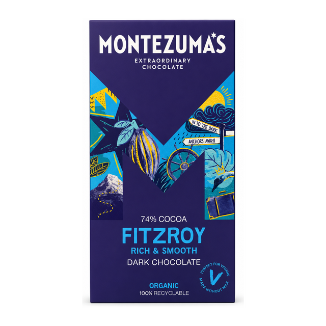 Montezumas Chocolate FitzRoy 74% Dark Organic by Montezuma's Food & Drinks — front view showing product label and branding, studio product photo on white background