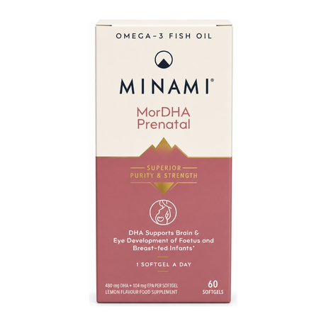 Minami Nutrition MorDHA Prenatal by Minami Natural Remedies — front view showing product label and branding, studio product photo on white background