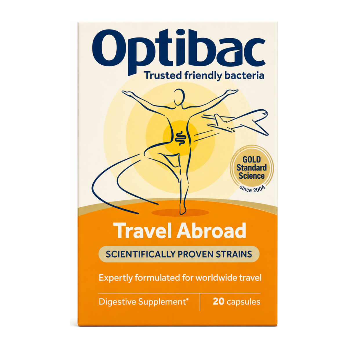 Optibac Probiotics For Travelling Abroad 20 capsules by Optibac Natural Remedies — front view showing product label and branding, studio product photo on white background