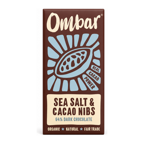 Ombar Salt & Nibs , organic and vegan by Ombar Health Food — front view showing product label and branding, studio product photo on white background