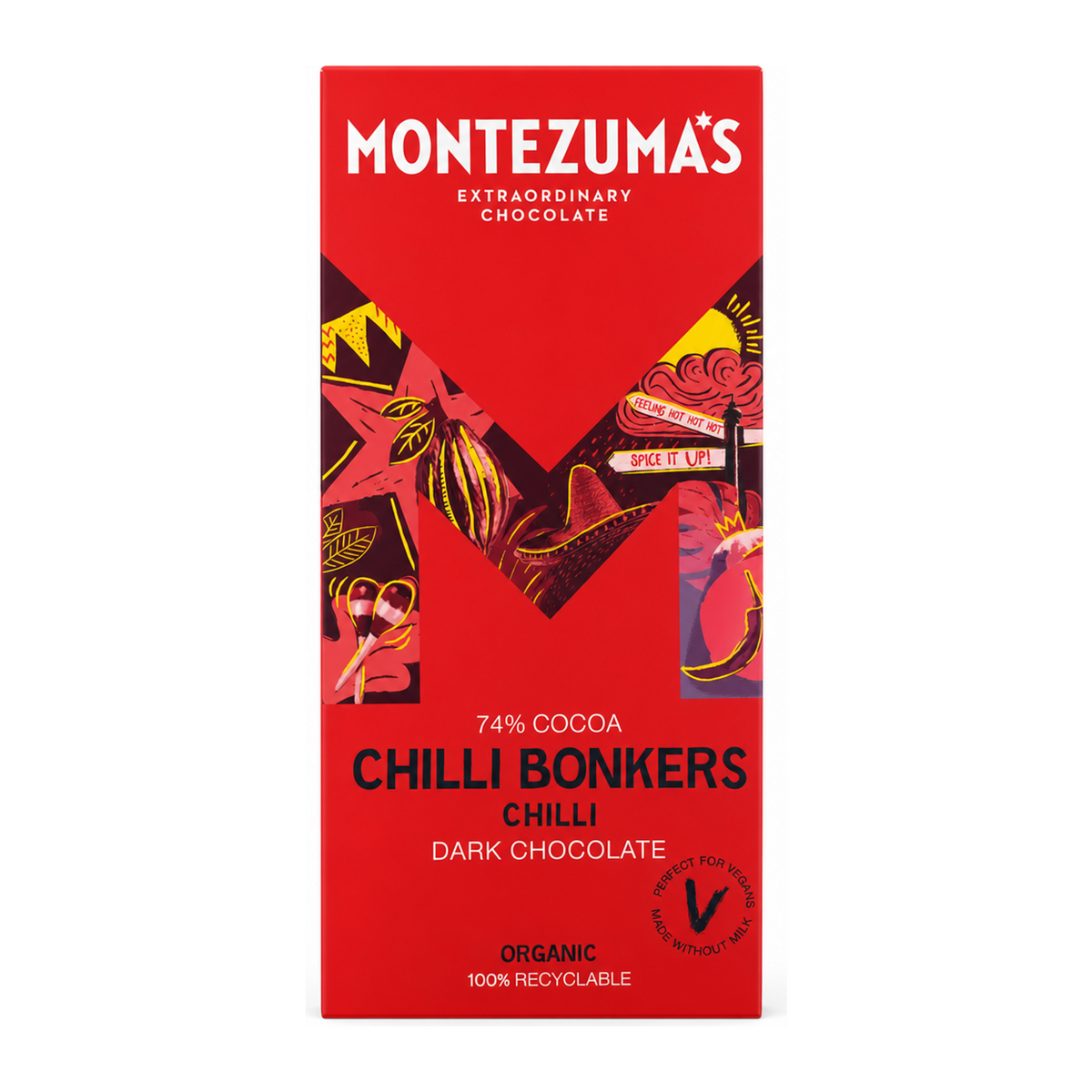 Montezumas Chocolate Chilli Bonkers Organic Dark Chilli Bar by Montezuma's Food & Drinks — front view showing product label and branding, studio product photo on white background
