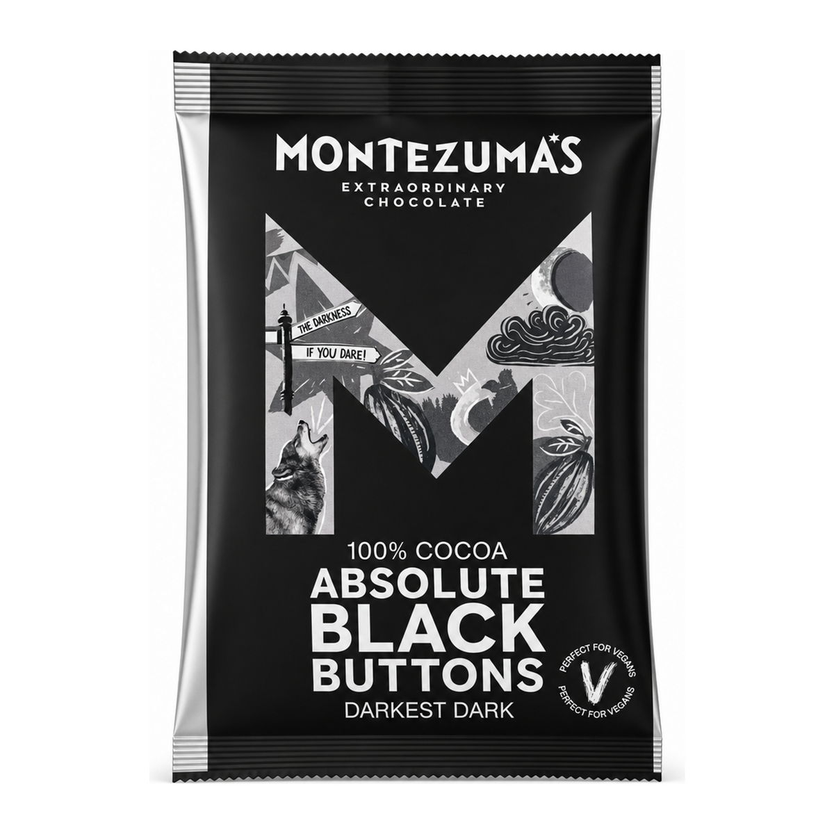 Montezuma's Absolute Black 100% Cocoa Buttons by Montezuma's Food & Drinks — front view showing product label and branding, studio product photo on white background