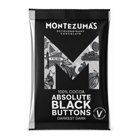 Montezuma's Absolute Black 100% Cocoa Buttons by Montezuma's Food & Drinks — front view showing product label and branding, studio product photo on white background