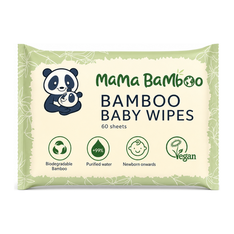 Mama Bamboo Eco Baby Wipes (60 wipes per pack) by Mama Bamboo Natural Beauty — front view showing product label and branding, studio product photo on white background