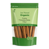 Just Natural Herbs Organic Ceylon Cinnamon Sticks by Just Natural Food & Drinks — front view showing product label and branding, studio product photo on white background