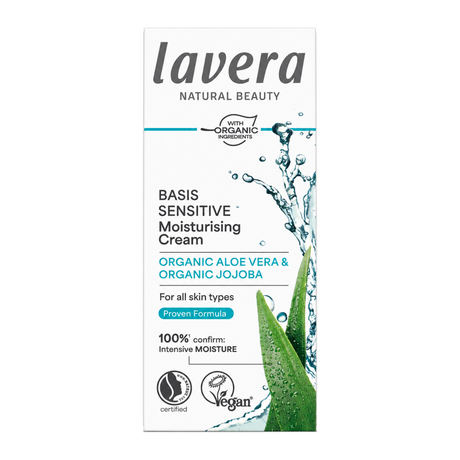 Lavera Basis Sensitive Moisturising Face Cream by Lavera Natural Beauty — front view showing product label and branding, studio product photo on white background