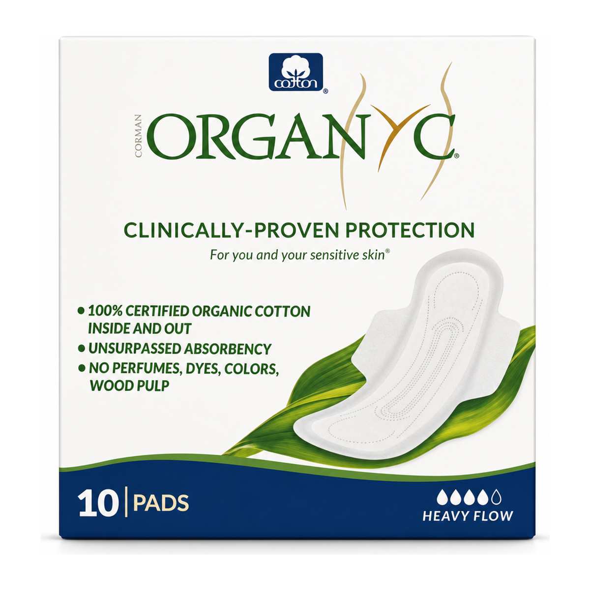 Organyc Period Pads - Night (Heavy Flow) folded with wings - 10 pads by Organyc Lifestyle — front view showing product label and branding, studio product photo on white background