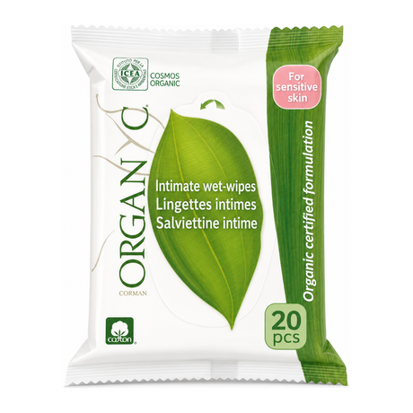 Organyc Intimate Wet Wipes - 20 Wipes by Organyc Natural Beauty — front view showing product label and branding, studio product photo on white background