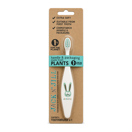 Jack N Jill Bio Toothbrush (TM) Compostable & Biodegradable Handle Bunny by Jack N' Jill Lifestyle — front view showing product label and branding, studio product photo on white background