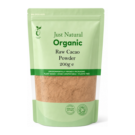 Just Natural Organic Organic Cacao Powder Raw by Just Natural Health Food — front view showing product label and branding, studio product photo on white background