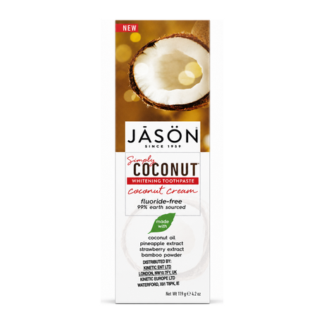 Jason Simply Coconut whitening Toothpaste Coconut Cream 119g by Jāsön Personal Care — front view showing product label and branding, studio product photo on white background