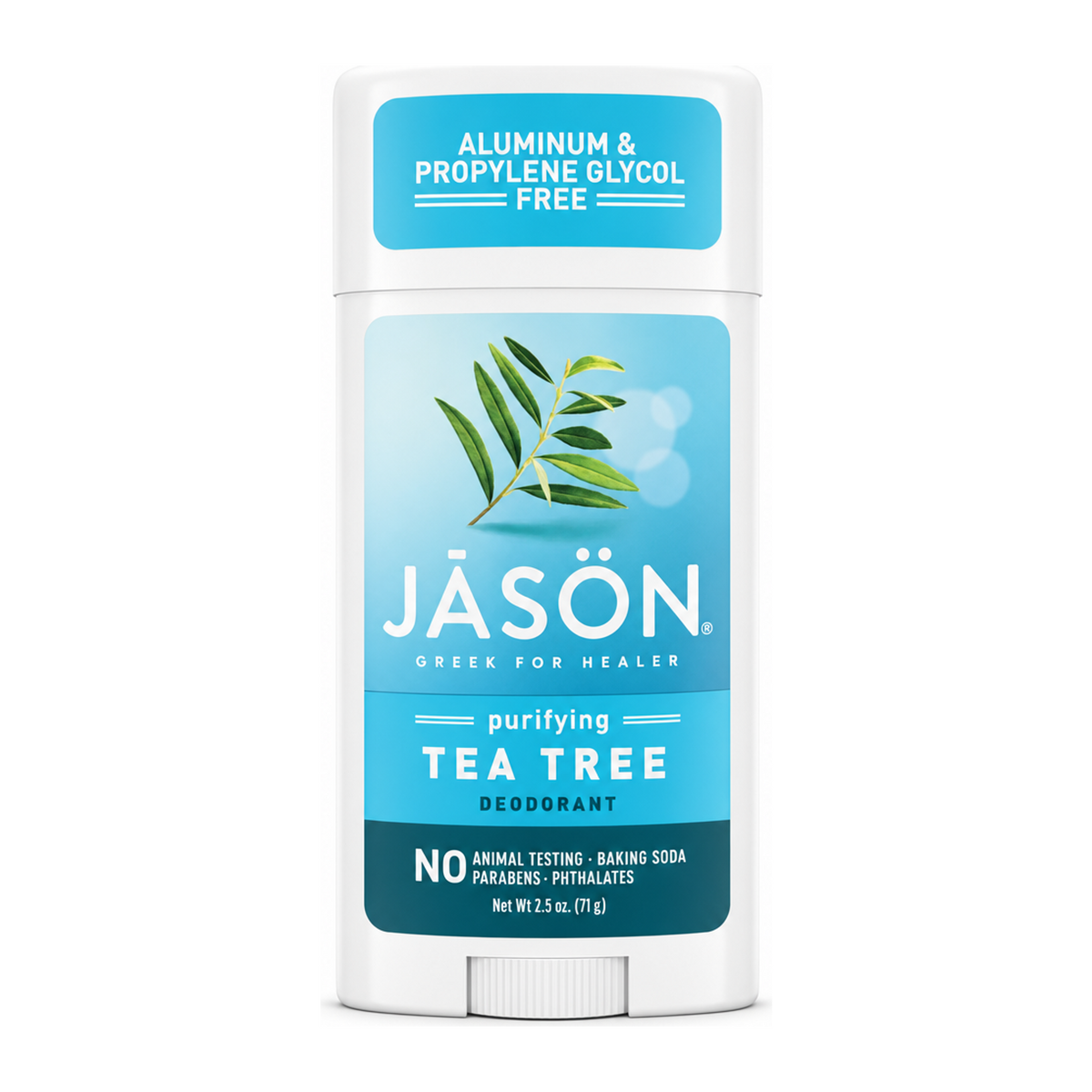 Jason Tea Tree Oil Deodorant Stick by Jāsön Natural Beauty — front view showing product label and branding, studio product photo on white background