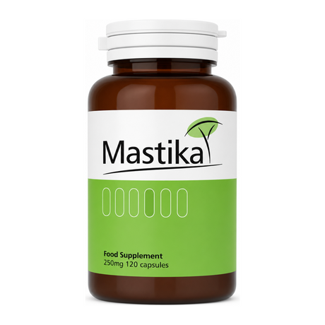 Natrahealth Mastika Gum 250mg 120 Capsules by Mastika Natural Remedies — front view showing product label and branding, studio product photo on white background