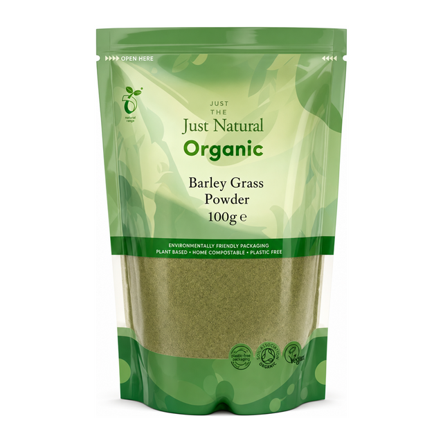 Just Natural Organic Barley Grass Powder by Just Natural Natural Remedies — front view showing product label and branding, studio product photo on white background