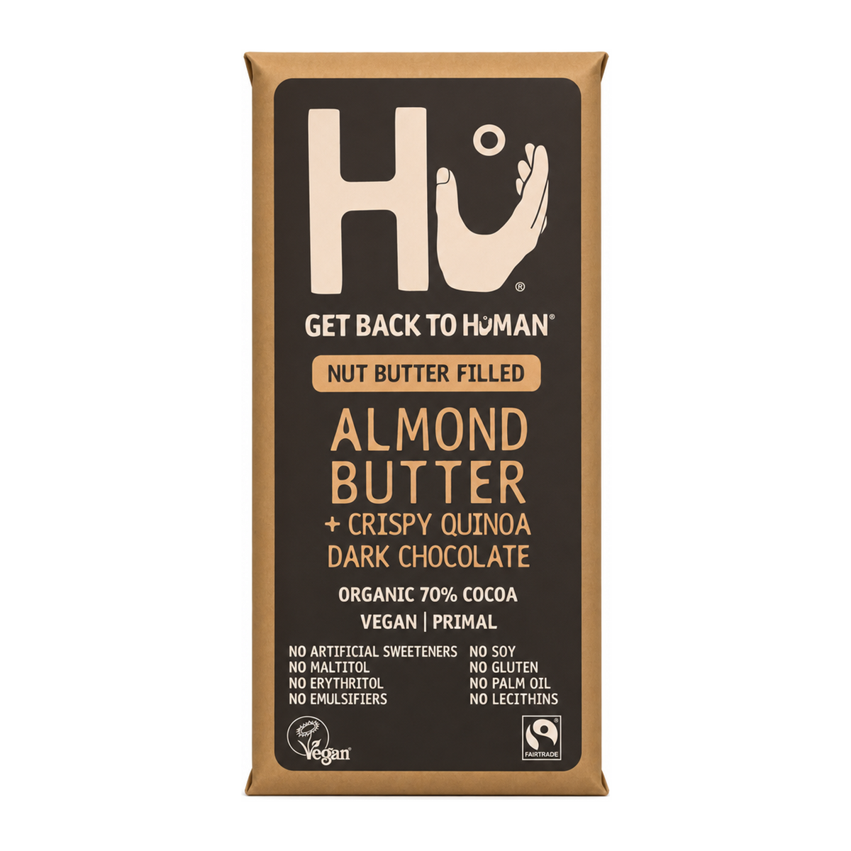 Hu Almond Butter & Puffed Quinoa Dark Chocolate Bar by Hu Food & Drinks — front view showing product label and branding, studio product photo on white background