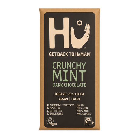 Hu Crunchy Mint Dark Chocolate Bar by Hu Food & Drinks — front view showing product label and branding, studio product photo on white background