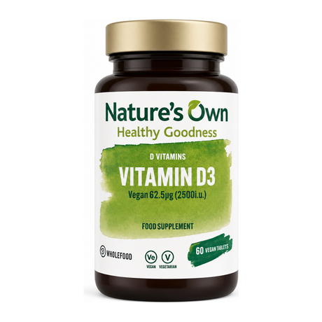 Natures Own Wholefood Vegan Vitamin D3 62.5g 0i.u. 60 Tablets by Nature's Own Natural Remedies — front view showing product label and branding, studio product photo on white background