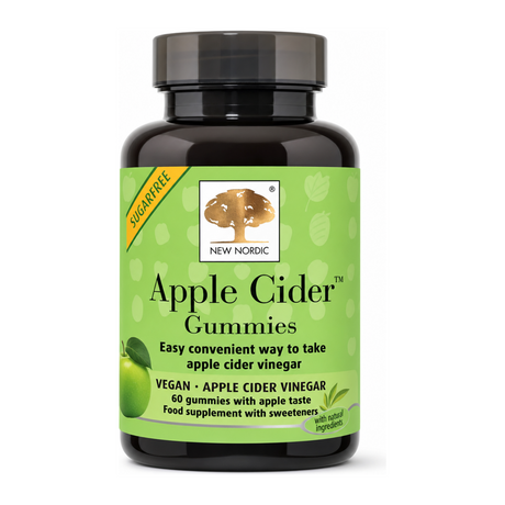 New Nordic Apple Cider Gummies by New Nordic Natural Remedies — front view showing product label and branding, studio product photo on white background