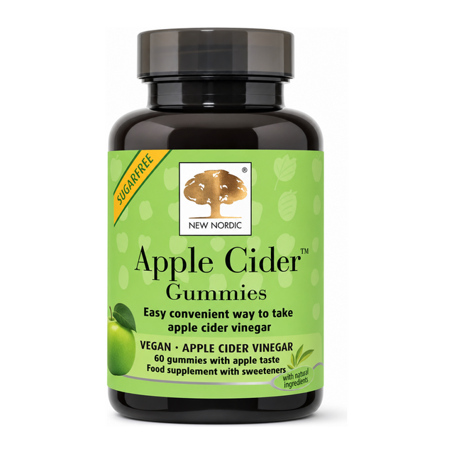 New Nordic Apple Cider Gummies by New Nordic Natural Remedies — front view showing product label and branding, studio product photo on white background