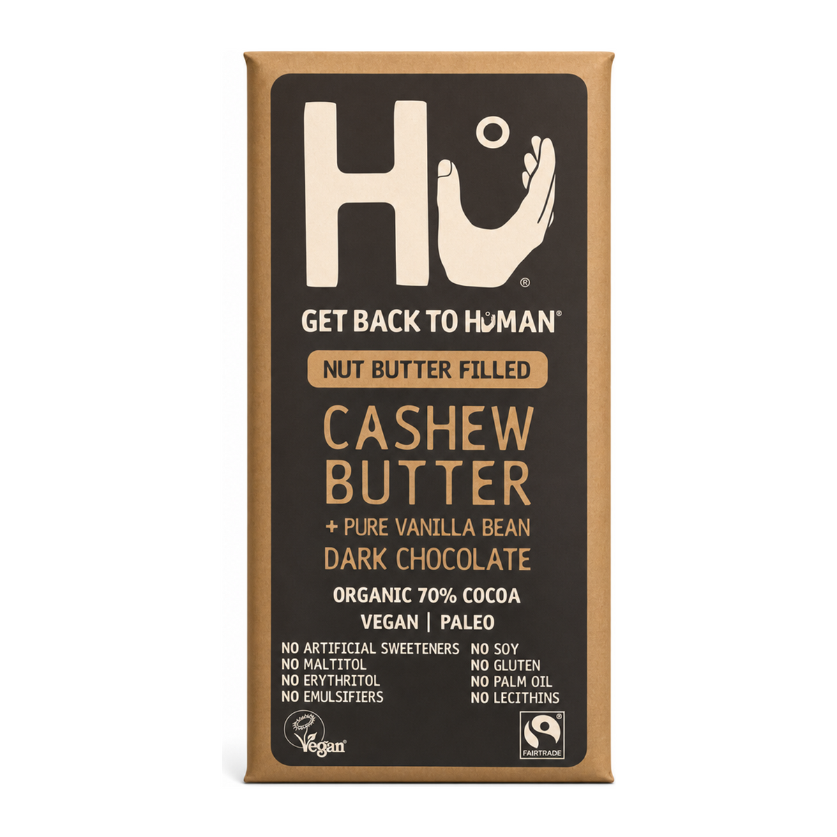 Hu Cashew Butter and Vanilla Dark Chocolate Bar by Hu Food & Drinks — front view showing product label and branding, studio product photo on white background