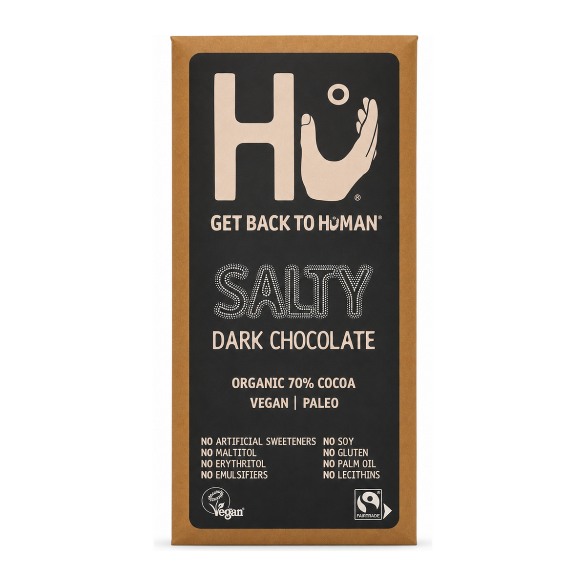Hu Salty Dark Chocolate Bar by Hu Food & Drinks — front view showing product label and branding, studio product photo on white background