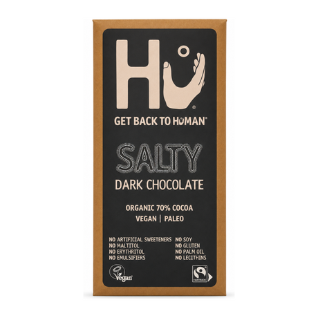 Hu Salty Dark Chocolate Bar by Hu Food & Drinks — front view showing product label and branding, studio product photo on white background