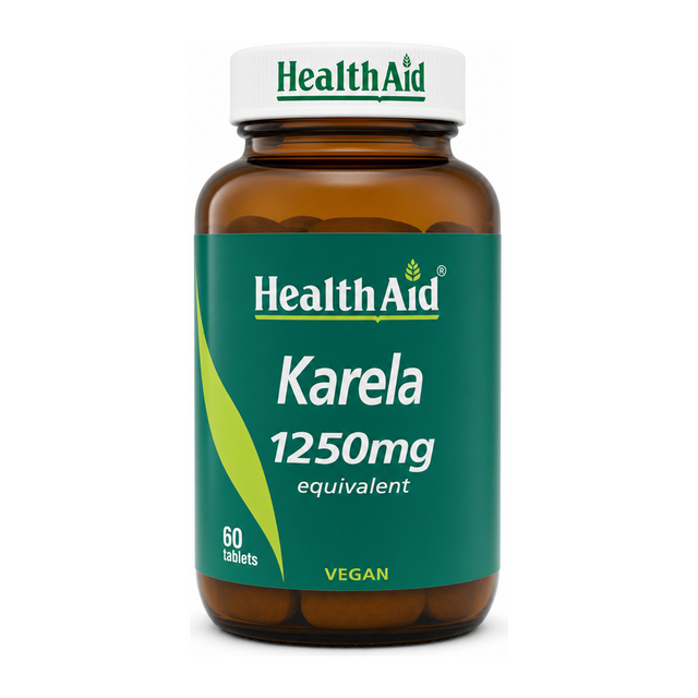 HealthAid Karela Extract 1250mg Tablets by HealthAid Natural Remedies — front view showing product label and branding, studio product photo on white background