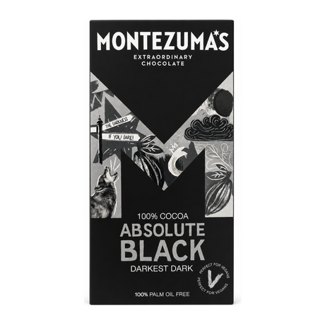Montezuma's Dark Chocolate Absolute Black 100% Cocoa by Montezuma's Food & Drinks — front view showing product label and branding, studio product photo on white background