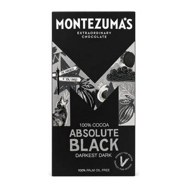 Montezuma's Dark Chocolate Absolute Black 100% Cocoa by Montezuma's Food & Drinks — front view showing product label and branding, studio product photo on white background