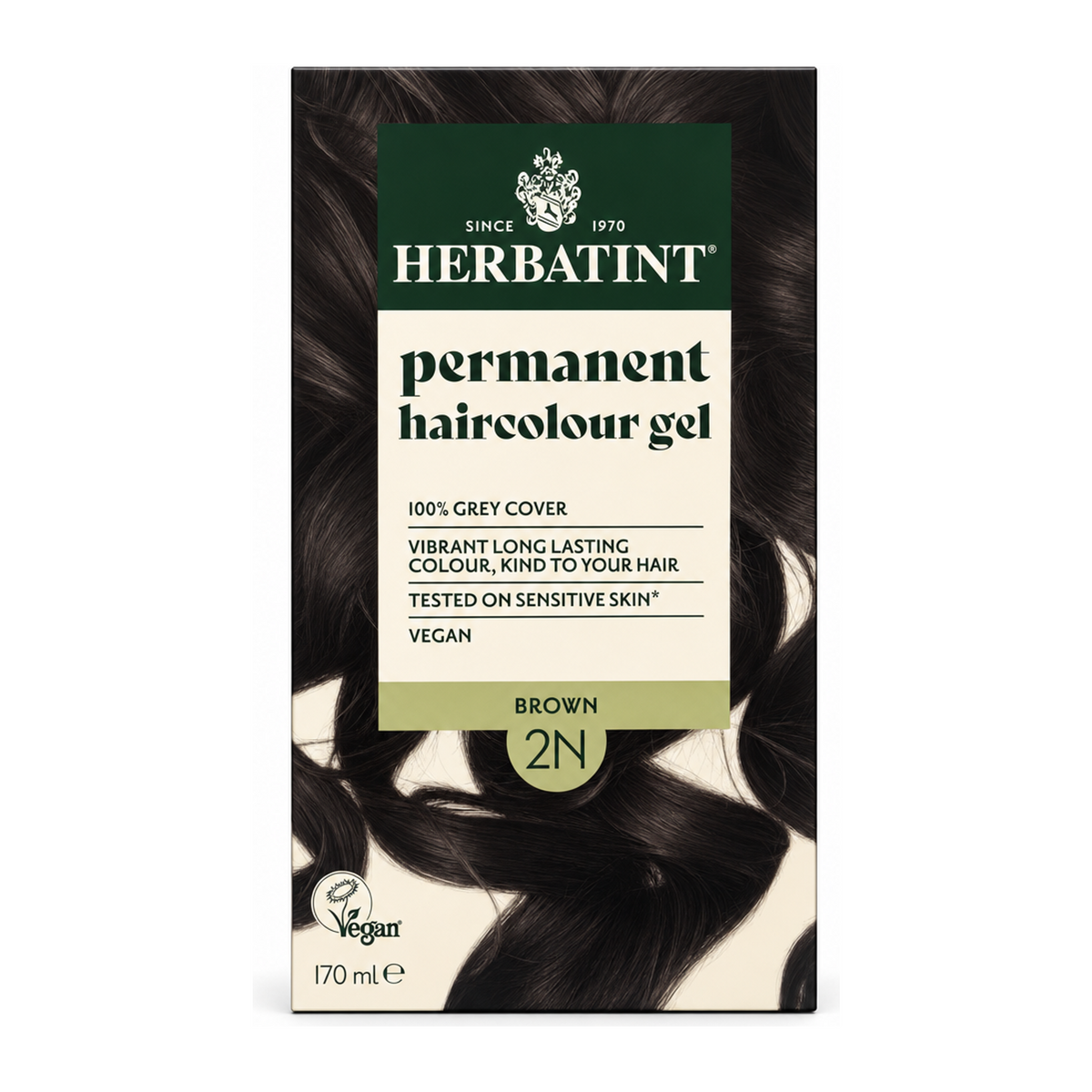 Herbatint Brown Ammonia Free hair Colour 2N by Herbatint Natural Beauty — front view showing product label and branding, studio product photo on white background