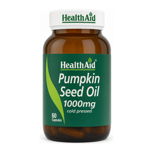 HealthAid Pumpkin Seed Oil 1000mg Capsules 60's by HealthAid Natural Remedies — front view showing product label and branding, studio product photo on white background