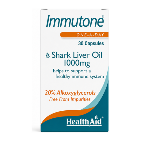 HealthAid Immutone Shark Liver Oil 1000mg - 30 Capsules by HealthAid Natural Remedies — front view showing product label and branding, studio product photo on white background