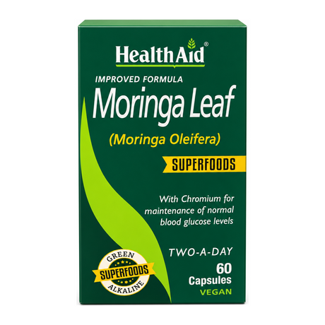 HealthAid Organic Moringa Leaf Capsules by HealthAid Natural Remedies — front view showing product label and branding, studio product photo on white background