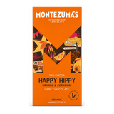 Montezumas Chocolate Happy Hippy 74% Dark Organic with Orange & Geranium by Montezuma's Food & Drinks — front view showing product label and branding, studio product photo on white background