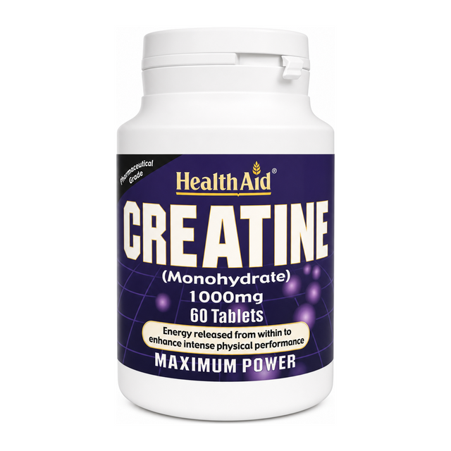 HealthAid Creatine Monohydrate 1000mg - 60 Tablets by HealthAid Natural Remedies — front view showing product label and branding, studio product photo on white background